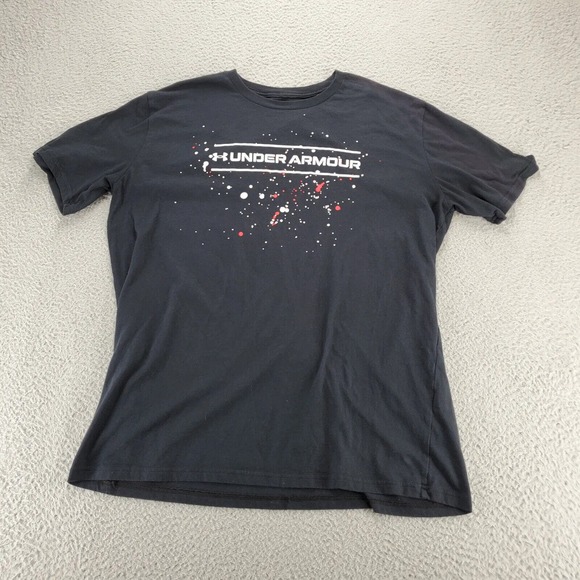 Under armour Shirt Mens XL Black Loose Fit Paint Splatter Spellout Logo Ourdoors - Picture 1 of 12